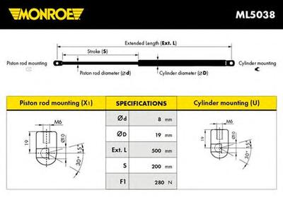 Газовая пружина, капот MONROE ML5038