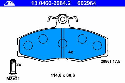 Комплект тормозных колодок, дисковый тормоз ATE 13.0460-2964.2