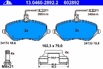 Комплект тормозных колодок, дисковый тормоз ATE 13.0460-2892.2