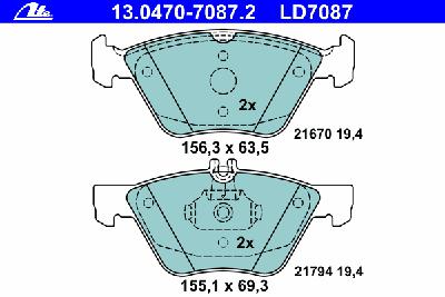 Комплект тормозных колодок, дисковый тормоз ATE 13.0470-7087.2