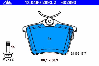 Комплект тормозных колодок, дисковый тормоз ATE 13.0460-2893.2