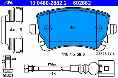Комплект тормозных колодок, дисковый тормоз ATE 13.0460-2882.2