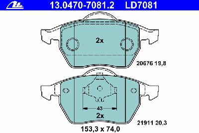 Комплект тормозных колодок, дисковый тормоз ATE 13.0470-7081.2