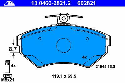 Комплект тормозных колодок, дисковый тормоз ATE 13.0460-2821.2