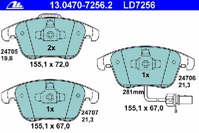 Комплект тормозных колодок, дисковый тормоз ATE 13.0470-7256.2