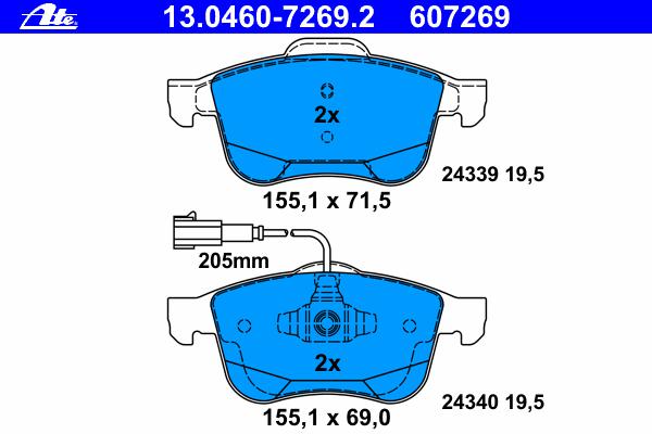 Комплект тормозных колодок, дисковый тормоз ATE