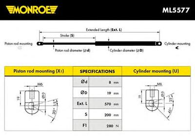 Газовая пружина, капот MONROE ML5577