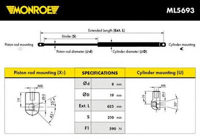 Газовая пружина, крышка багажник MONROE ML5693